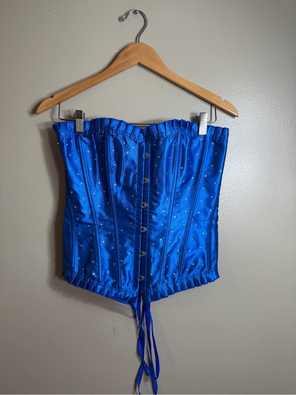 Blue Satin Rhinestone Corset Top Bustier Lace Up Back Boned Size L